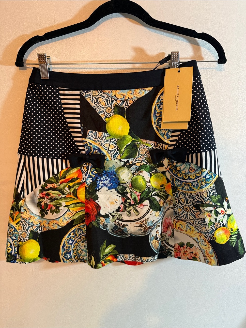 NWT Balletcheena Couture Black Mixed-Print Circle Skirt Lemon & Floral Motifs